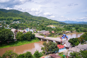 Tha Ton Thailand Jan 3 2020, view of village and Kok river from Wat Tha Ton,The river after the rain.