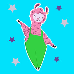 White boarded cute pink lama in green overall and cap.