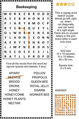 Beekeeping themed zigzag word search puzzle (suitable both for kids and adults). Answer included.
