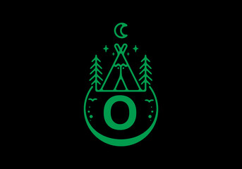 Green color of O initial letter in camping circle badge