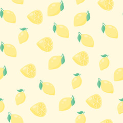 Abstract lemon seamless pattern. Half a fruit, a fruit with leaves. Infinite texture for wallpaper, textile, fabric, paper. Flat fruit on a white background. Vector illustration.