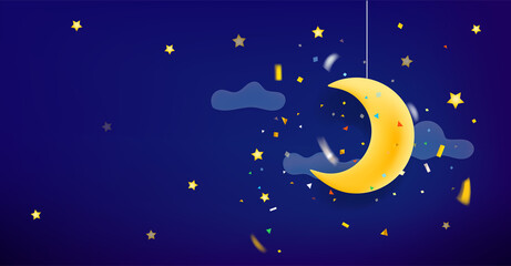 Obraz na płótnie Canvas Yellow moon and stars in the night horizontal banner with copy space