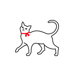 赤いリボンを着けた歩く猫の線画