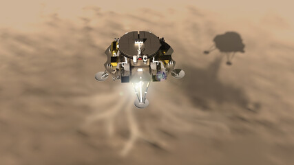 Artist depiction of the Tianwen-1 Mars mission from China. The lander and rover descending onto the the surface of Mars (3d illustration). Some elements provided by NASA. © Raymond