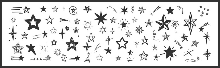 Star icons. Set of black sparkle effect. Magic particle flat scribble design on white background. Shine effect cartoon doodle style. Twinkle elements for the party, festive. Vector illustration.