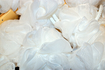 Close up of body sponge for body cleaning and spa treatment. Spa and healthcare equipment. Good personal body hygiene.