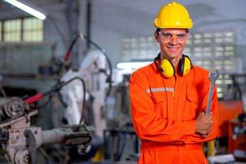 Portrait of factory worker man with protection suit stand with confidence smiling in front of industrial robotic machine in workplace area. Employee support system help in industrial business concept.