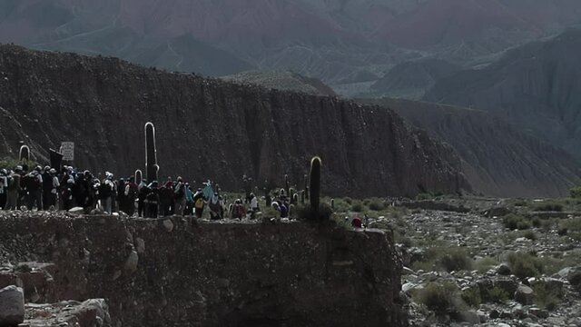 Pilgrimage in Jujuy Province, People Marching during the Holy Week in the Quebrada de Humahuaca Valley, Altiplano Region, Argentina, South America.  