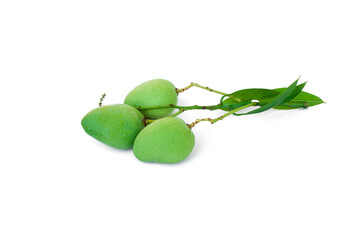 Raw mango with leaves isolated on white background.