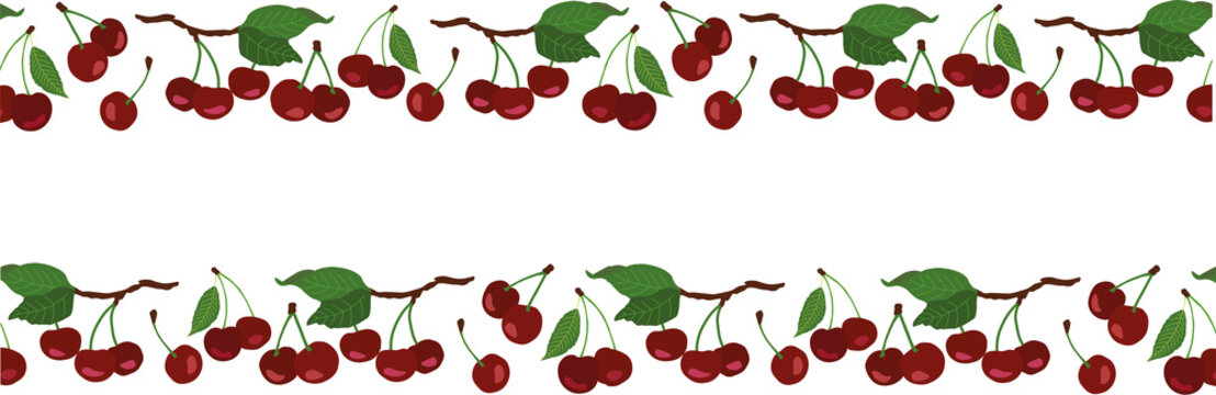 seamless border with red cherries, cherry isolated on white. Vector illustration. Background design for juice, tea, bakery with berry filling, farmers market, grocery, health care products. 