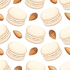 Seamless vector pattern with macaroni almond cake and almonds.