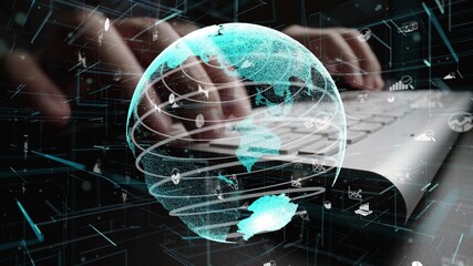 Man working on computer with graphic of business data analytic modernization showing concept of statistical investment decision making methodology, fintech and financial engineering .