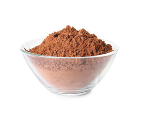 Bowl with cocoa powder on white background