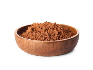 Bowl with cocoa powder on white background
