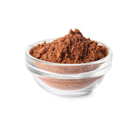Bowl with cocoa powder on white background