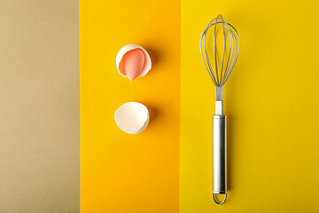 Creative composition with makeup sponge and whisk on color background