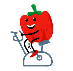 Sports pepper character on a stationary bike. Cute healthy vegetable and funny sportsman. Happy food. vegetarian vitamin diet and fitness concept. Healthy lifestyle illustration.