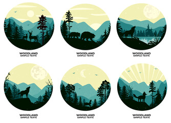 silluets of animals. landscape with mountains and forest in a round frame. vector. eps