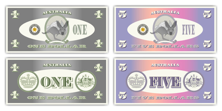 Fictional paper money of Australia. Obverse and reverse of 1 and 5 dollar banknotes. Cartoon kangaroo in an oval, a coat of arms from thin lines and ribbon