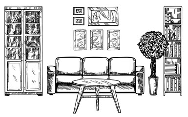 Linear sketch of an interior. Hand drawn vector illustration of a sketch style. Contemporary modern interior hand drawing.