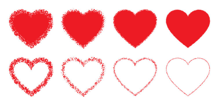 Red hand drawn grunge heart icons set. Valentines day. Heart sketch. Vector illustration