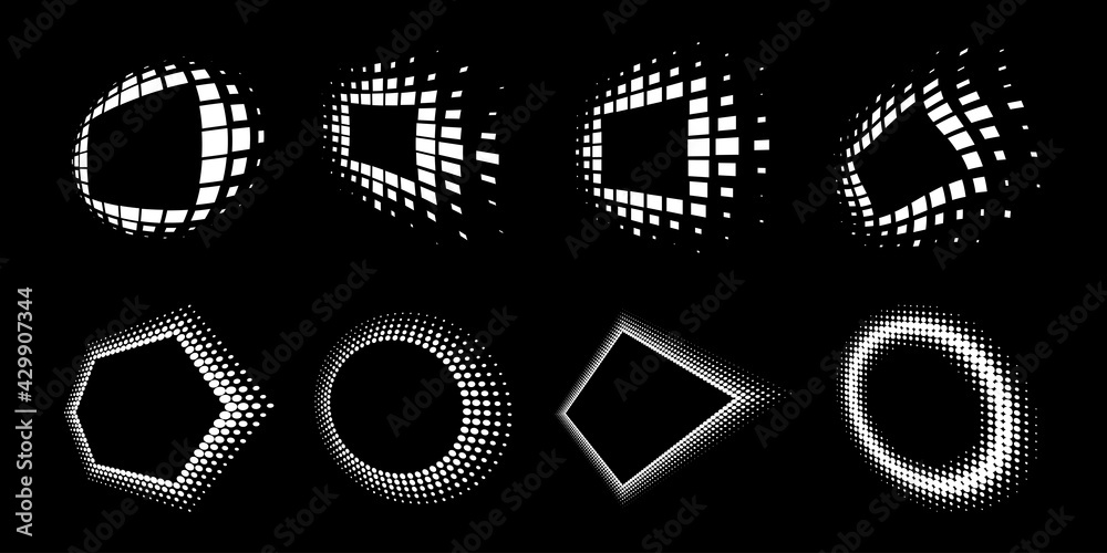 Wall mural white halftone logo perspective frame. abstract rectangle dots emblem design element for technology.