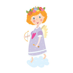 A little angel boy with a bow stands on a cloud.