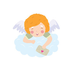 A little cute angel on a cloud with a letter of love in her hands.