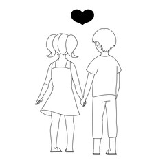 手を繋ぐ少年少女　線画