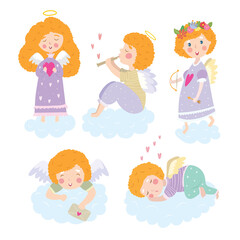 Vector set with cute angels. Greeting card for the holidays Valentine's Day.