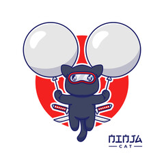 Cute ninja cat floating with balloons © Arunika