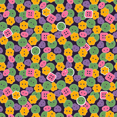 Seamless pattern. Sewing button or shirt fastener buttons. Vector background on dark for textile, wallpaper, wrapping, web pages.