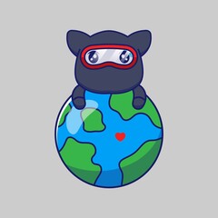 Cute ninja cat hugging planet earth