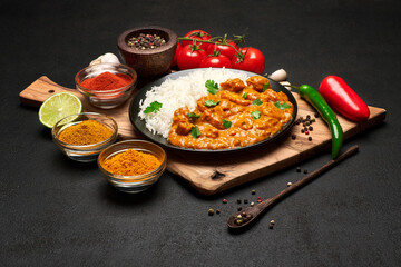 Plate of Traditional Chicken Curry, rice and spices on dark concrete background