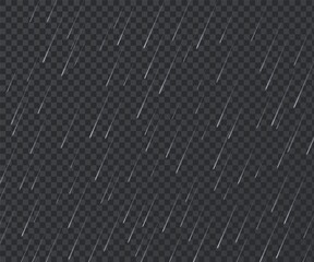 Rain. Realistic rainy texture. Falling water drops on transparent background. Storm with downpour mockup. Water streams and raindrops. Bad weather. Vector atmospheric precipitation