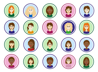 Set of female avatars. Different races women faces in round frames on colorful backgrounds. Isolated vector illustrations collection.