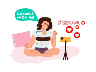 Blogger making video or streaming. Content creation concept. Woman recording podcast for network followers and subscribers. Female character sit on bed with smartphone. Vector influencer