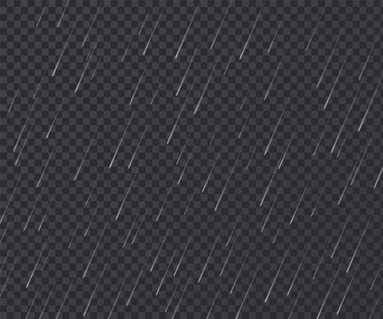 Rain. Realistic rainy texture. Falling water drops on transparent background. Storm with downpour mockup. Water streams and raindrops. Bad weather. Vector atmospheric precipitation