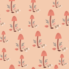 Seamless pattern, drawing of a forest mushrooms, plants, toadstool, brown, blue  color, design on beige background. Vector illustration, botanical elements, style of minimalist, hand drawn.
