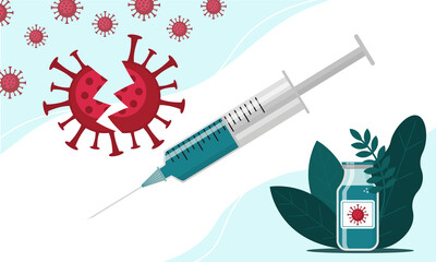 Defeated coronavirus, vaccine bottle and syringe. COVID vaccination concept horizontal banner. Flat vector illustration.