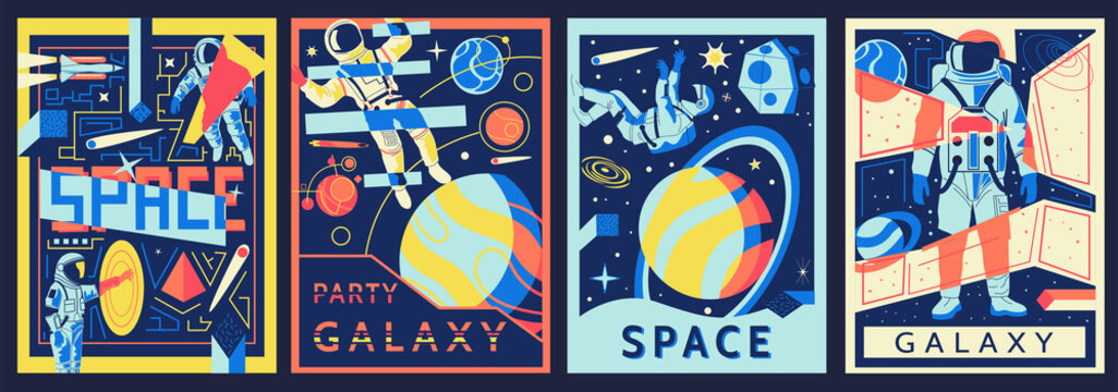 Space posters. Futuristic astronaut banners set. Cosmic backgrounds with spaceman and galactic views. Universe explorers and abstract astronomical psychedelic shapes. Vector cosmos