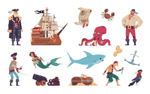 Pirates set. Cartoon crew of filibusters and captain on sailing ship. Mermaid swimming with marine animals. Treasure map and chest full of gold coins. Vector sea robbers collection