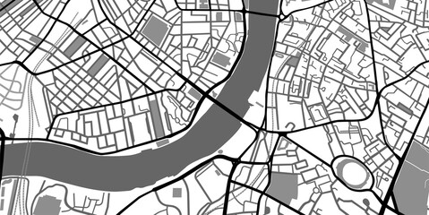 Black and white map. City center roads monochrome scheme. Hand drawn town graphic template, navigational plan. Urban topographic mockup. Vector minimal sketch of streets and districts