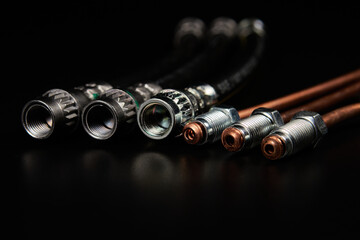 Brake Hoses and copper brake pipes on black background.