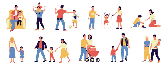 Parents and kids. People walking with happy children. Isolated family scenes set. Mother and father spend time with babies. Dad plays active games. Vector mom and teenager holding hands