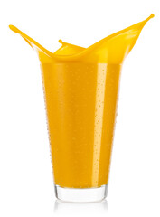 glass of splashing mango smoothies isolated on white