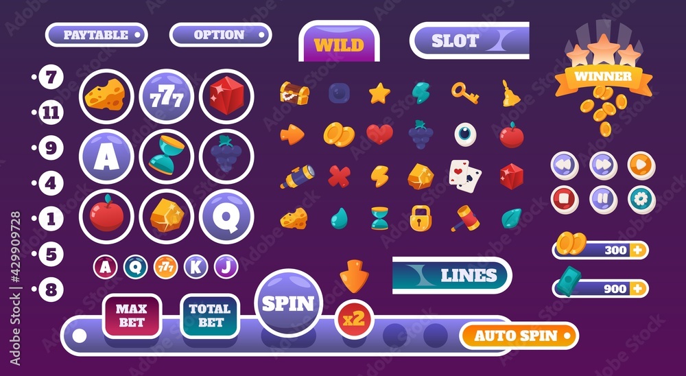 Poster Gambling UI elements. Slots gameplay cartoon graphic kit with casino icons. Colorful online game interface progress bars and buttons mockup. Panels design or menu headers, vector set