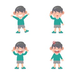 set of happy kids cute boy character with many gesture expressions .
