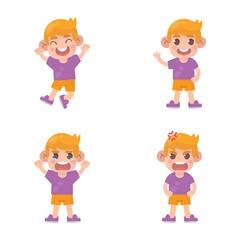 set of happy kids cute boy character with many gesture expressions .
