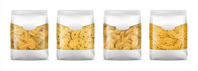 Pasta package. Realistic spaghetti or noodle bag mockup. Blank macaroni plastic 3D packaging set for branding. Italian food template. Container with copy space. Vector flour products